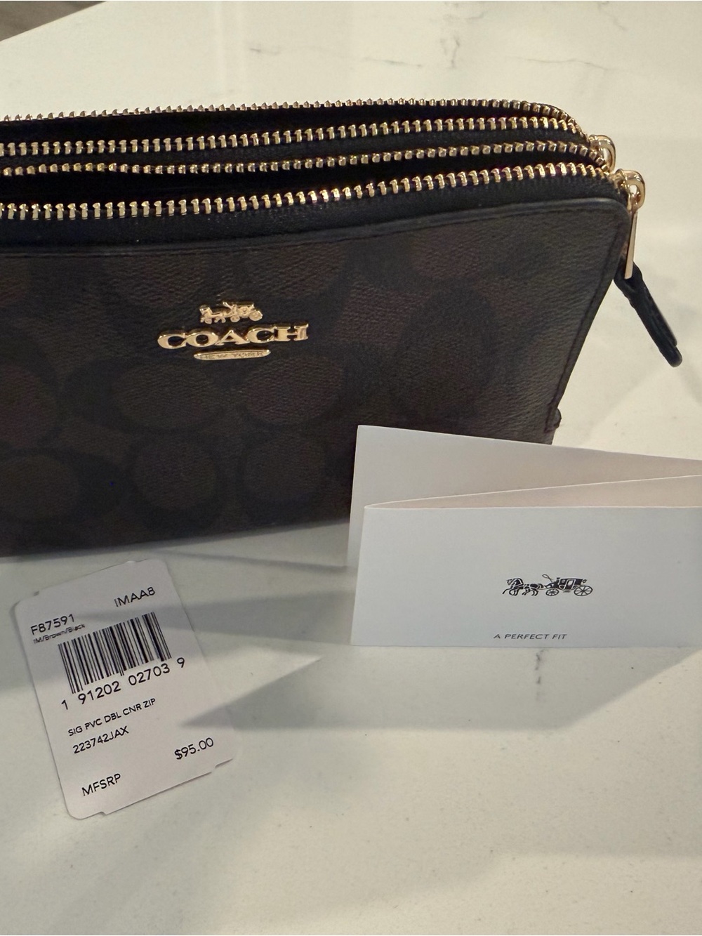 Coach Signature Double Zip Wristlet in Chocolate/Brown with Gold Hardware